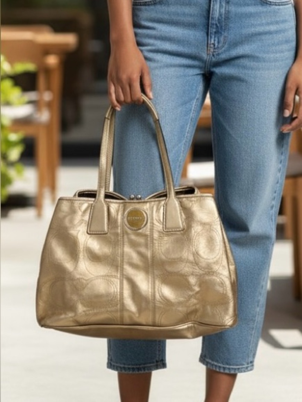Coach Metallic Gold Leather Signature Tote KISS Lock